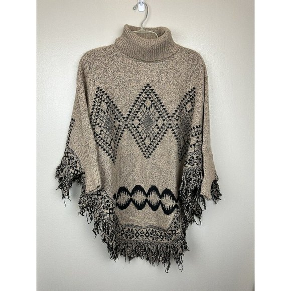 AZ Cape Poncho With Sleeves Tan With Boho Aztec Design - Picture 1 of 13